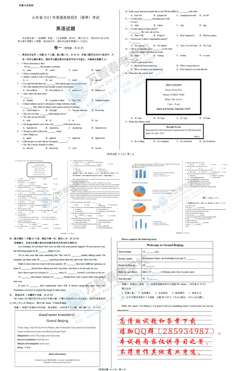 2017年山东省春季高考英语考试真题